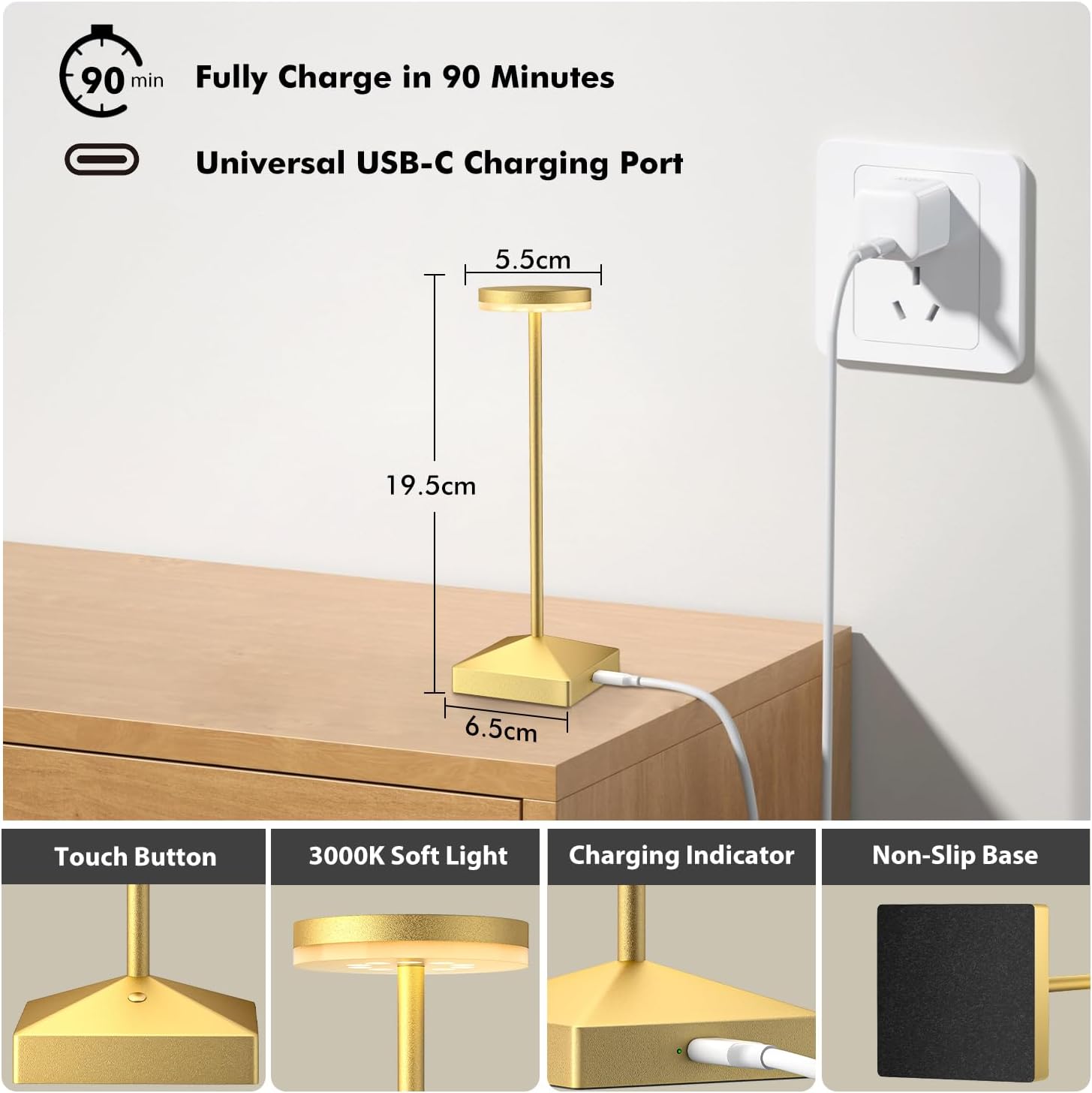 Gold Rechargeable Touch Cordless Table Lamps