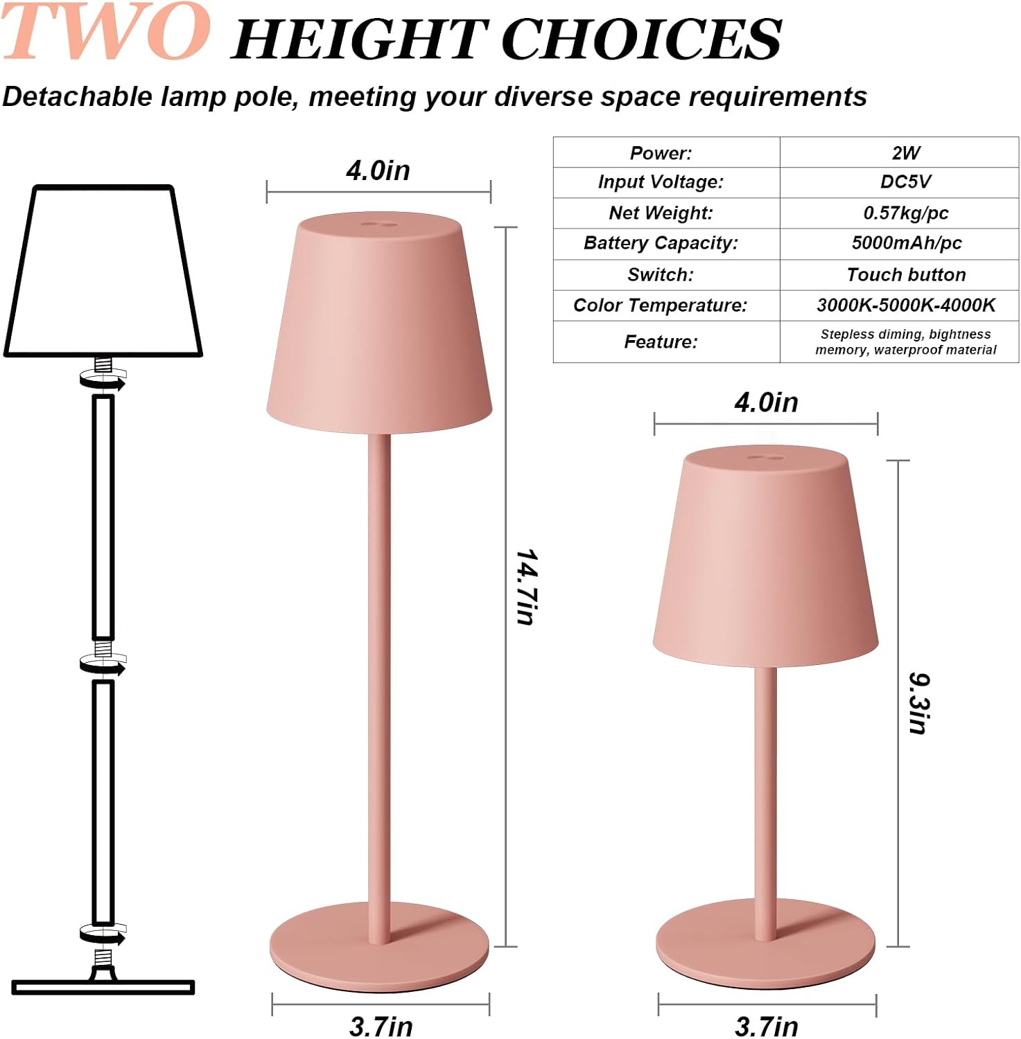 Pink Rechargeable Wireless Dining Table Lamps