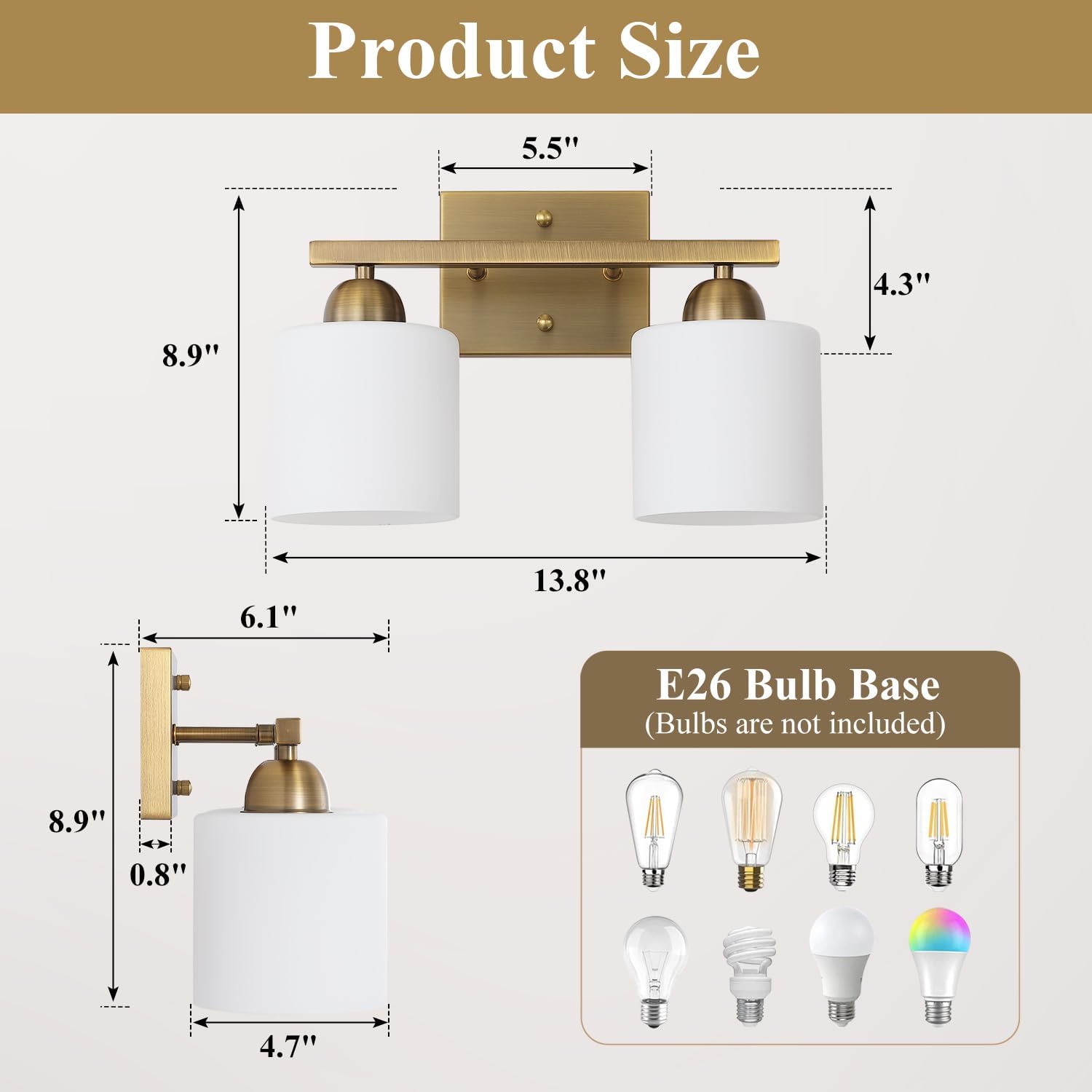 Brass Milk Glass Bathroom Vanity Wall Lamp