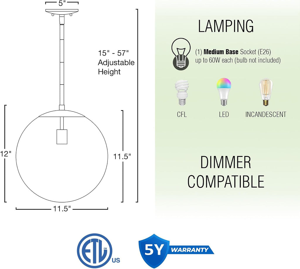 Brass Frosted Glass Kitchen Globe Pendant Lamp
