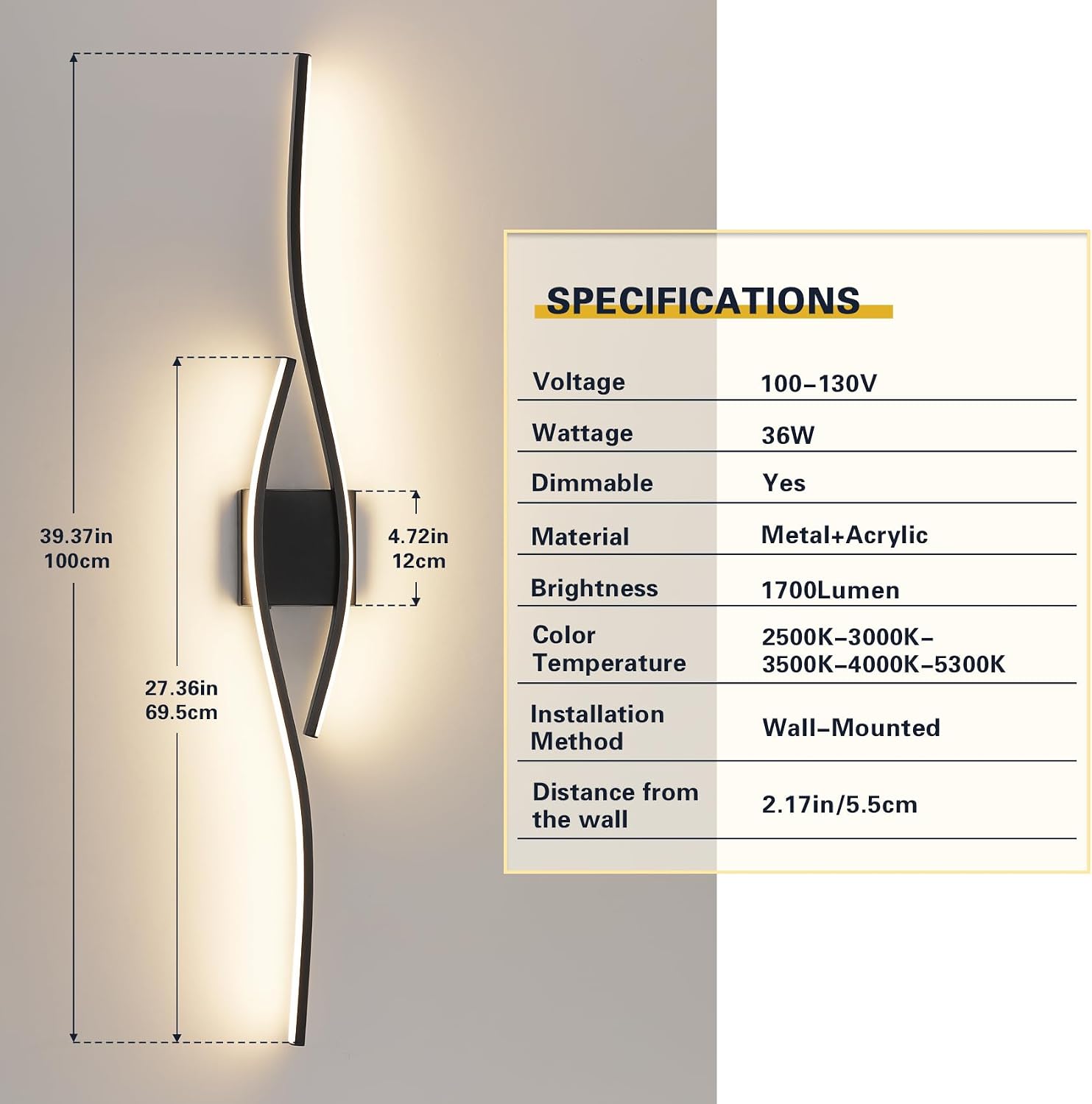 Black Dimmable LED Bathroom Mirror Vanity Lamp