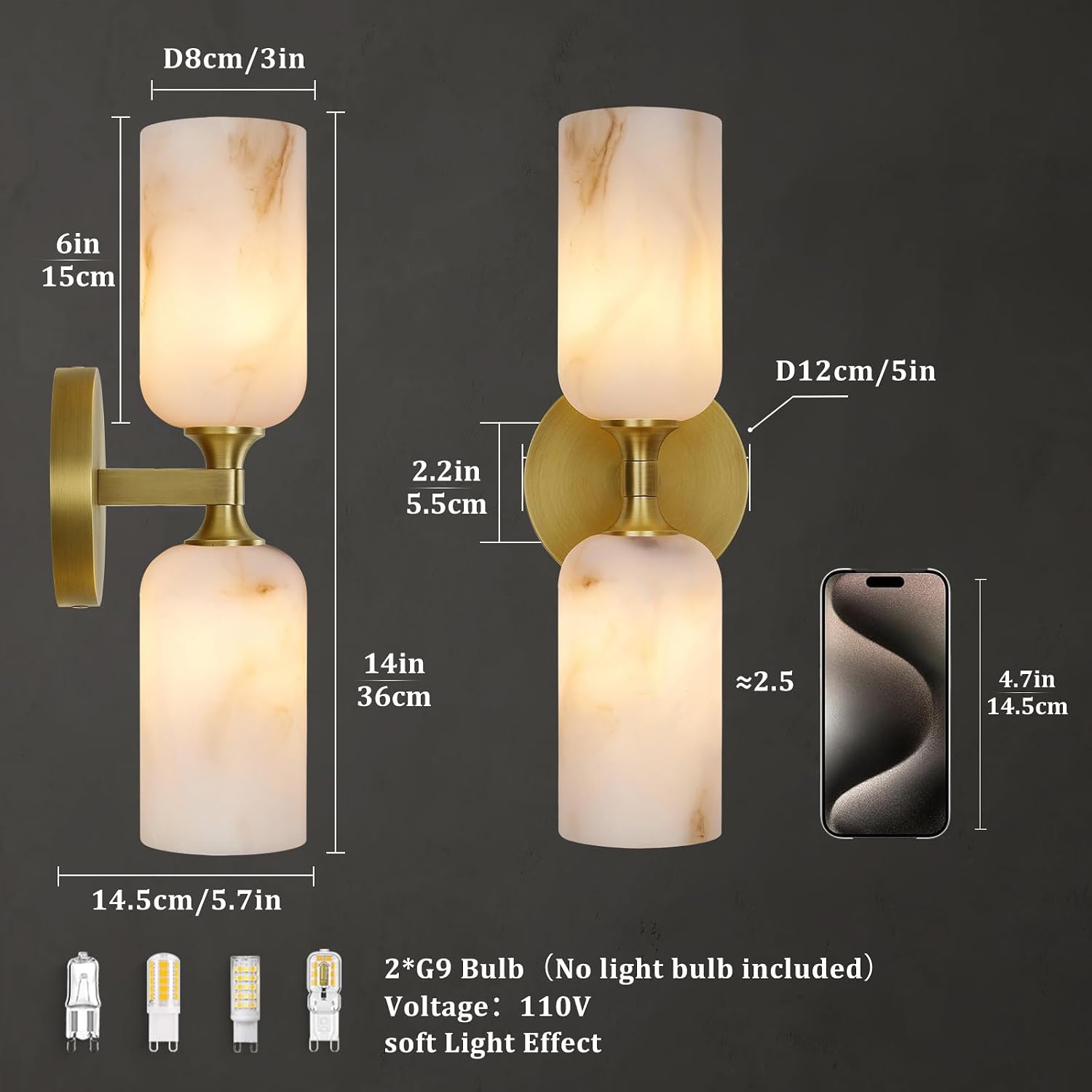 Brass Alabaster Wall Sconce Bathroom Bedroom Lamp