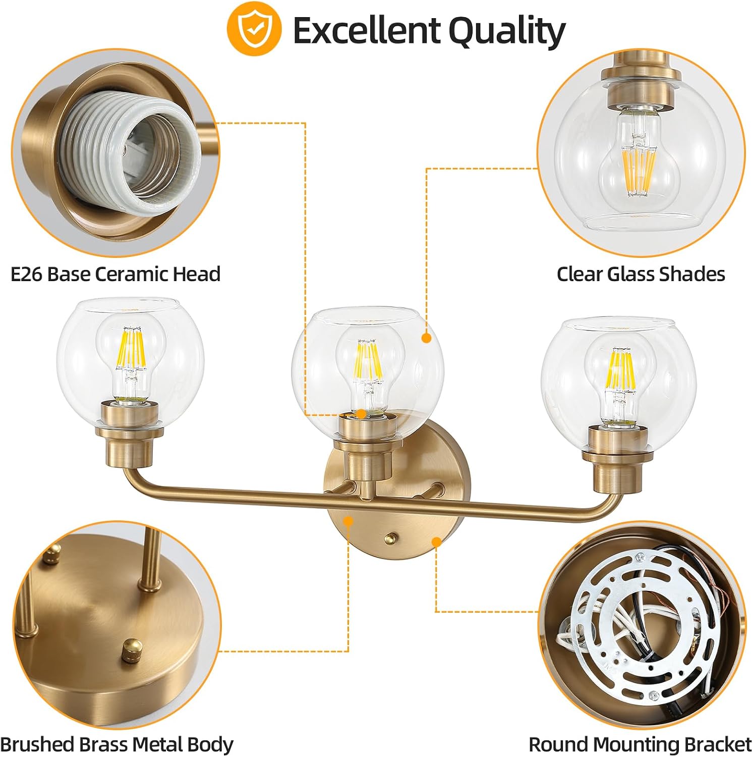 Brass Globe Glass Vanity Bathroom Wall Lamp