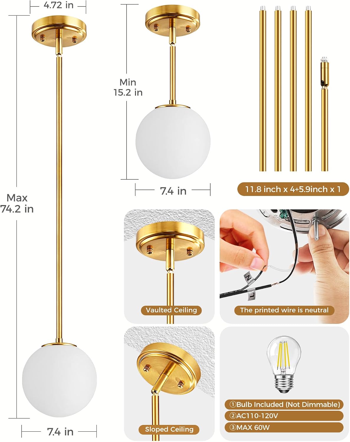 Brass Milk Glass Kitchen Globe Pendant Light