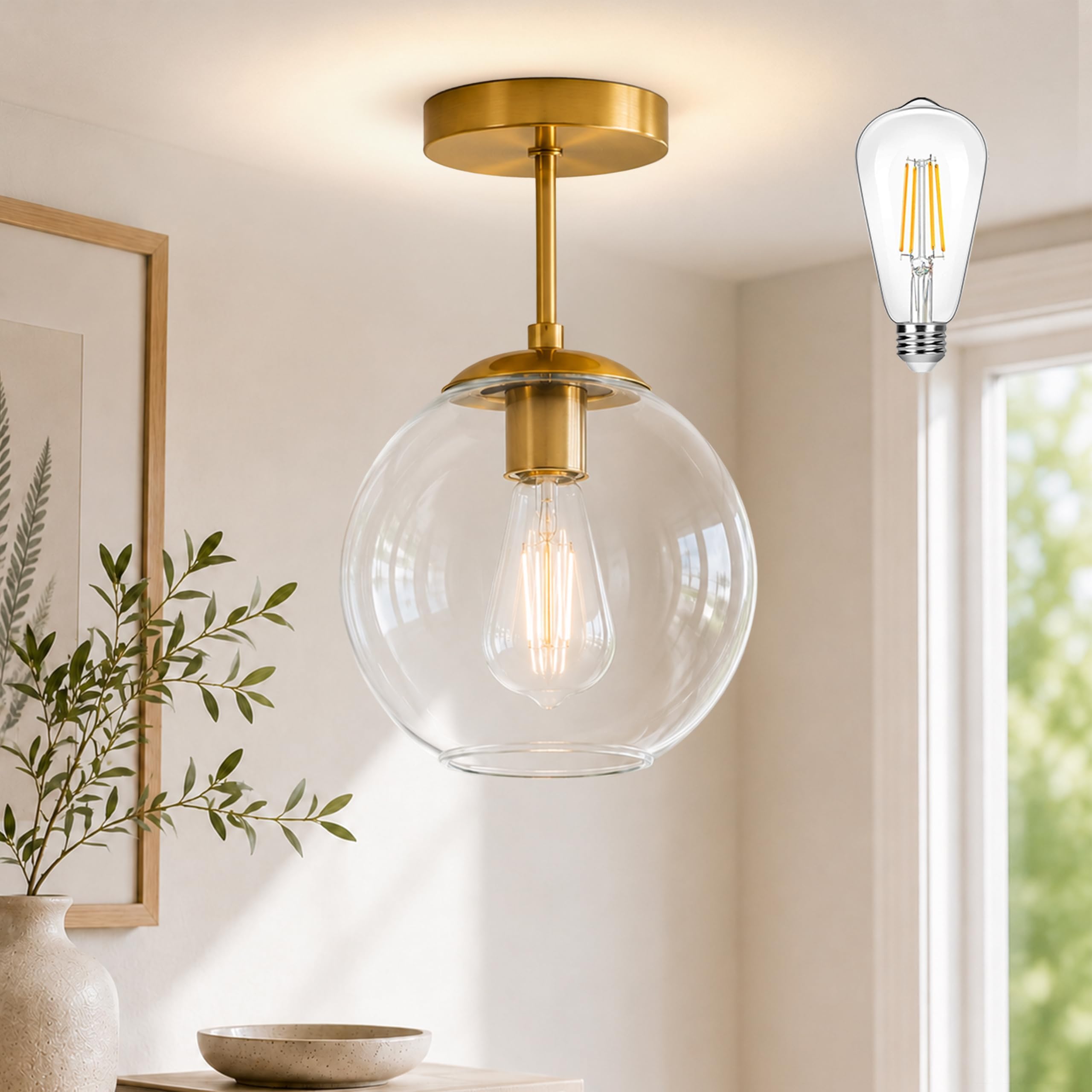Gold Clear Glass Mid Century Ceiling Lamp