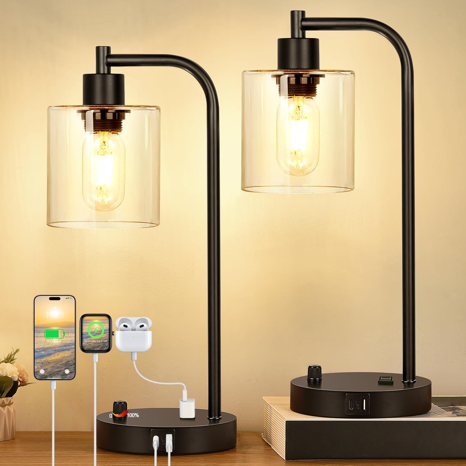 Industrial USB Dimmable Bedside Table Lamps