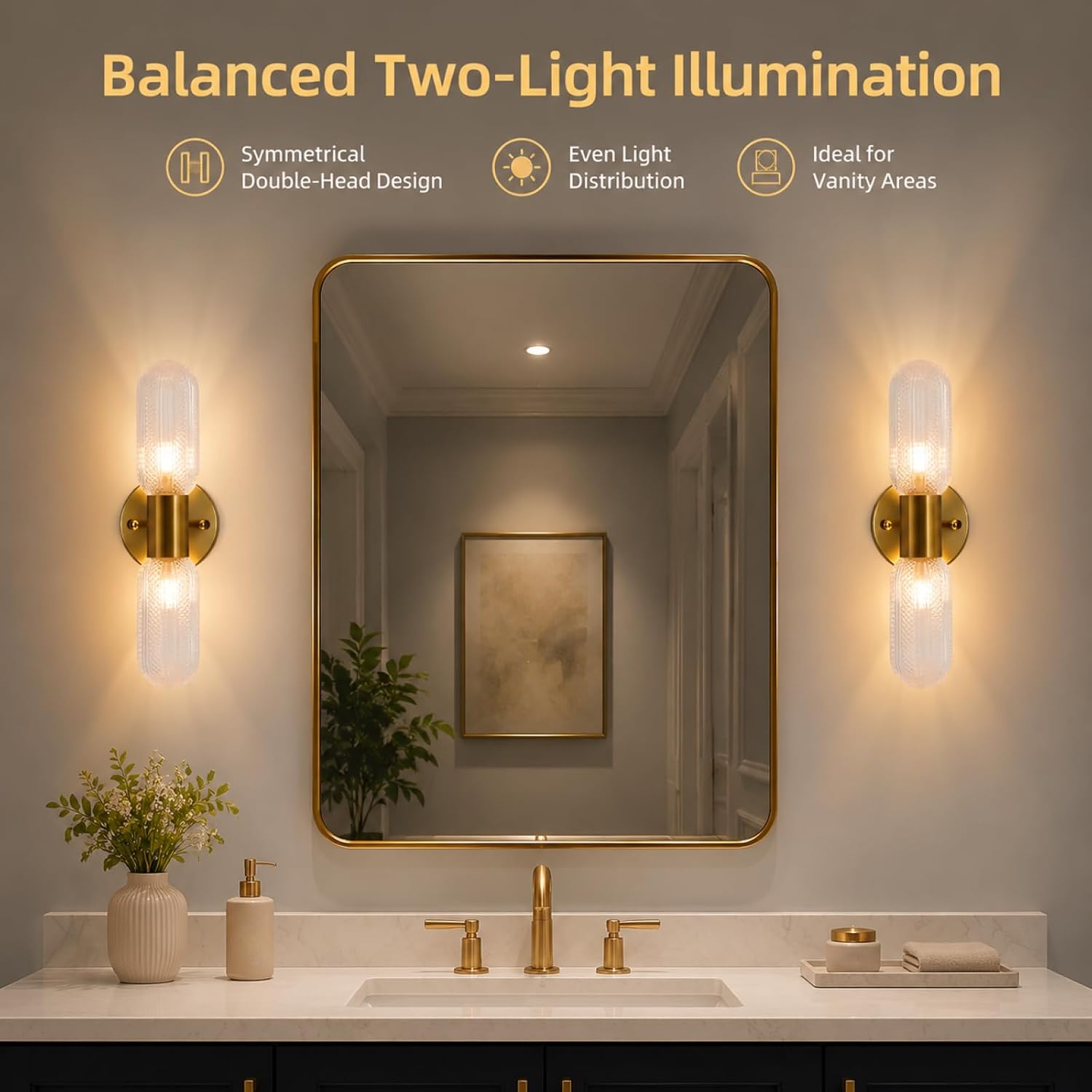 Brass Glass Two Light Bathroom Wall Sconce