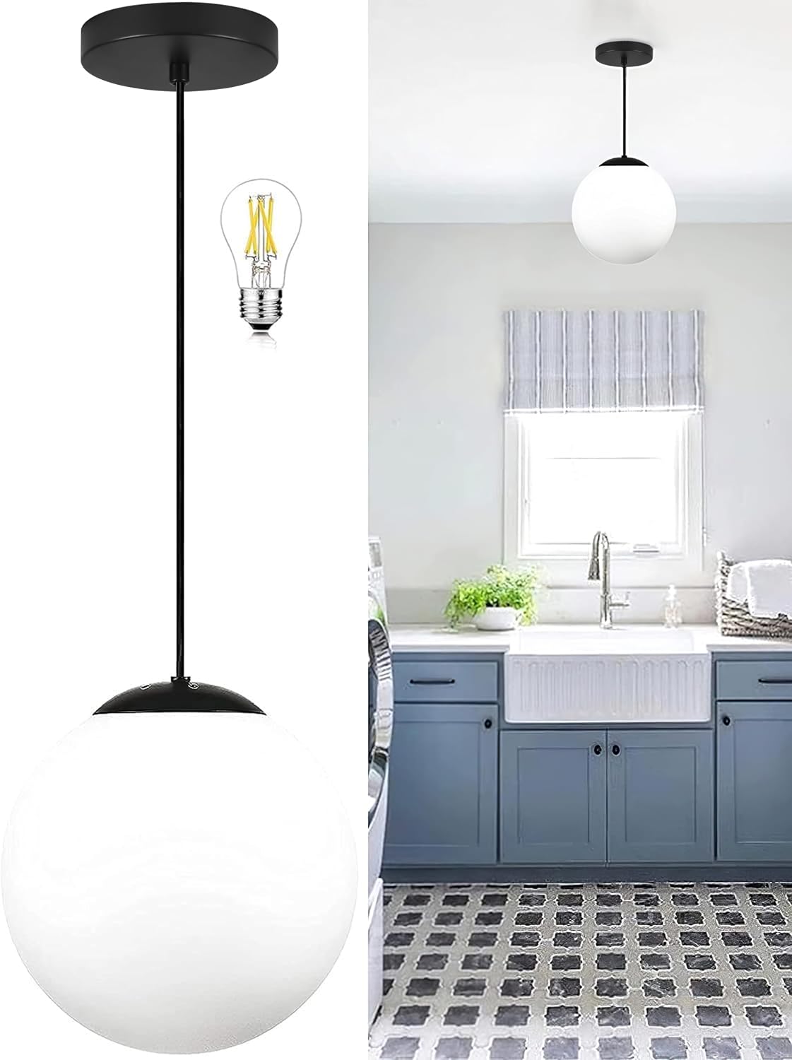 Black Milk Glass Kitchen Globe Pendant Light