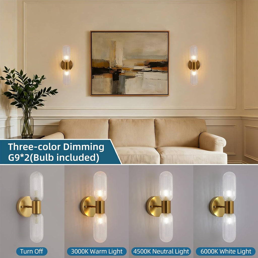 Brass Glass Two Light Bathroom Wall Sconce
