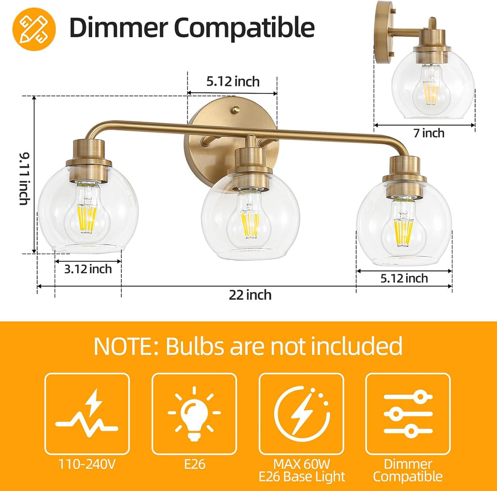 Brass Globe Glass Vanity Bathroom Wall Lamp
