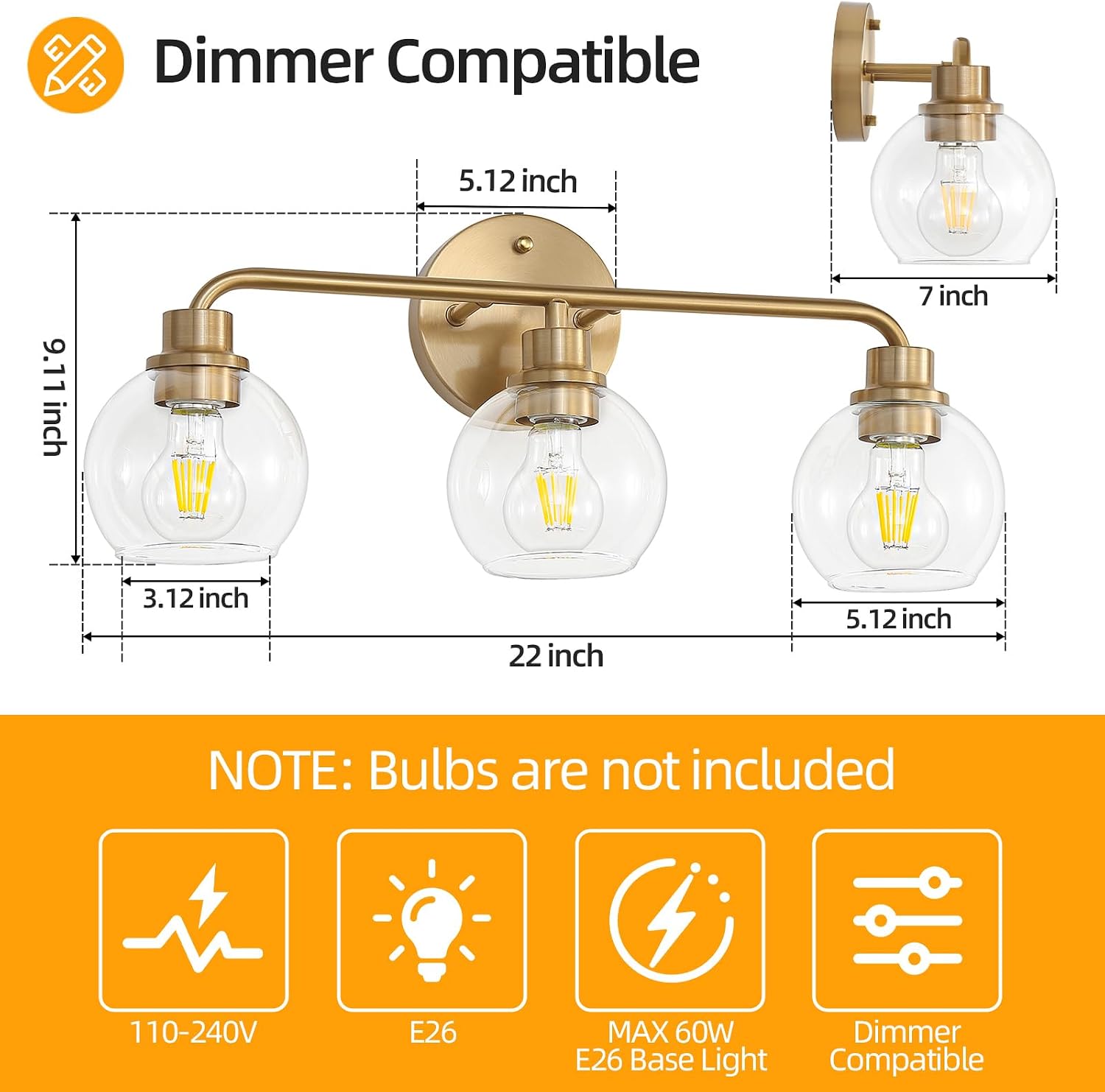 Brass Globe Glass Vanity Bathroom Wall Lamp