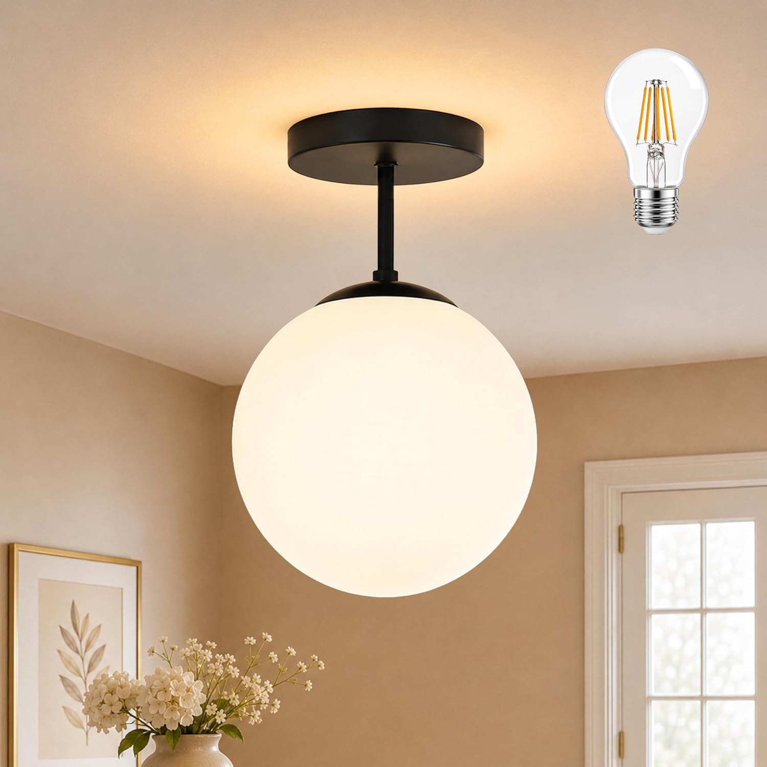 Black Milk Glass Globe Ceiling Lamp