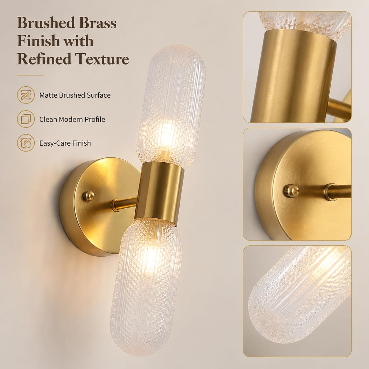 Brass Glass Two Light Bathroom Wall Sconce