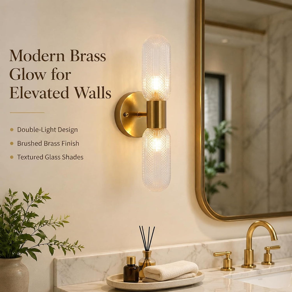 Brass Glass Two Light Bathroom Wall Sconce