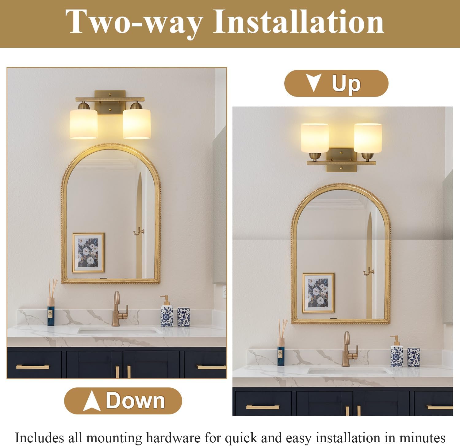 Brass Milk Glass Bathroom Vanity Wall Lamp