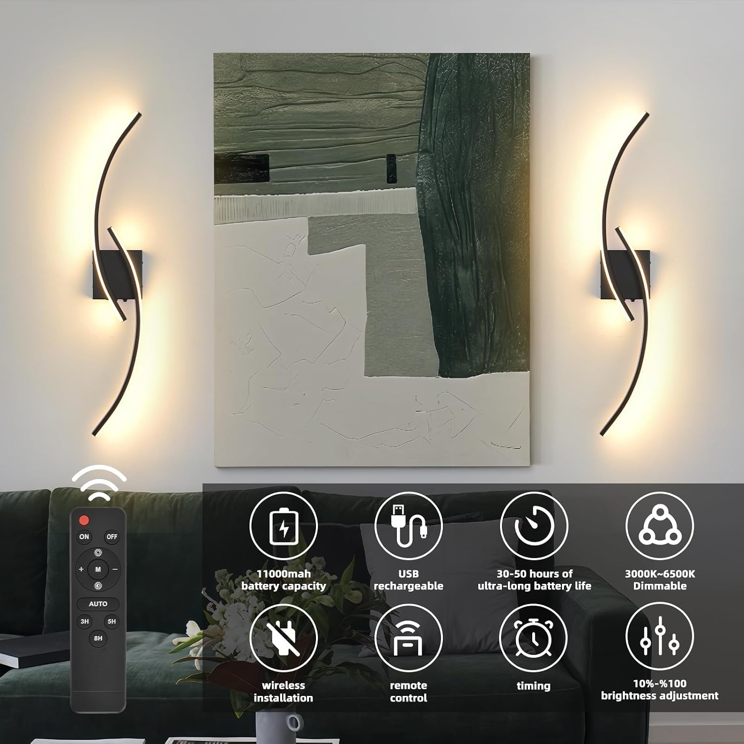 Wireless Dimmable LED Wall Sconce Bedroom Lighting