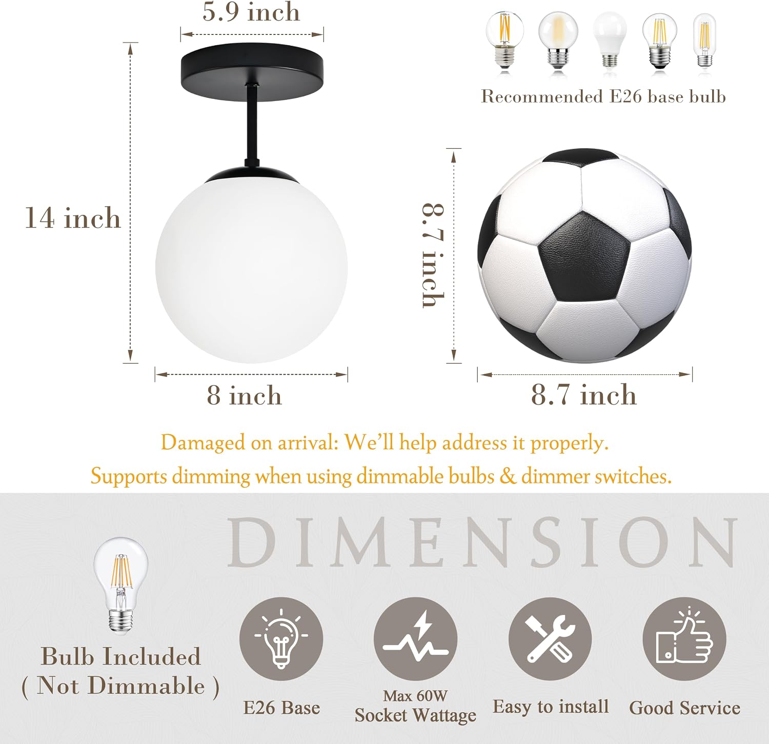 Black Milk Glass Globe Ceiling Lamp